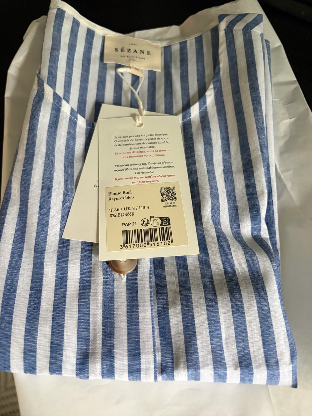 Sezane Blue and White Striped Sleeveless Button-Front Top - Picture 5 of 6